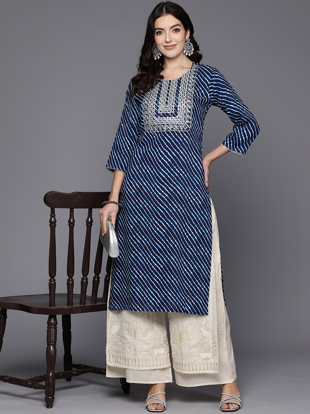 

Anouk Leheriya Printed Thread Work Straight Kurta, Blue