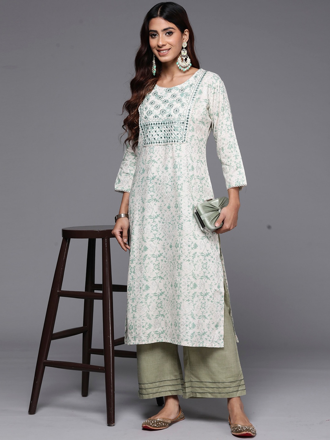 Anouk Ethnic Motifs Printed Mirror Work Straight Kurta, Off white