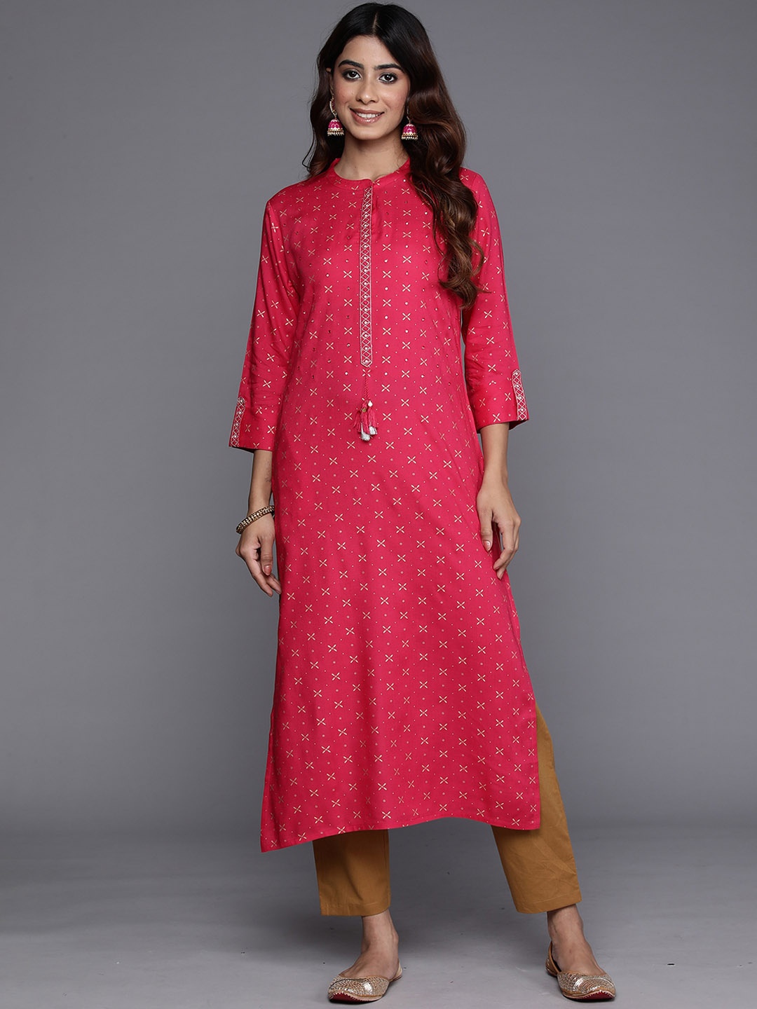 

Anouk Pink Round Neck Ethnic Motifs Printed Flared Sleeves Straight Kurta
