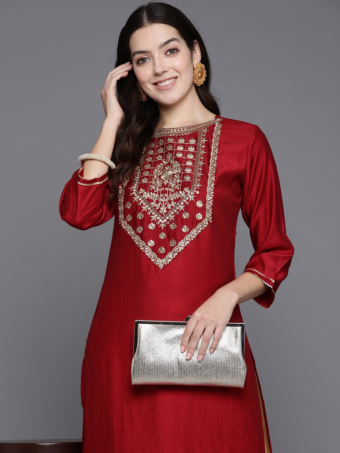 

Anouk Ethnic Motifs Yoke Design Embroidered Liva Straight Kurta, Red