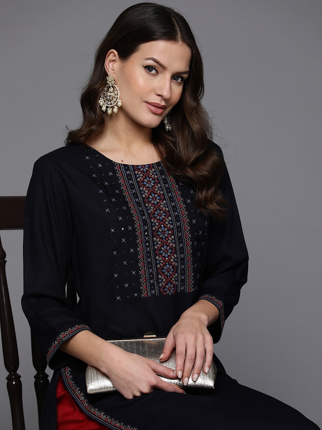 

Anouk Navy Blue Geometric Embroidered Round Neck Flared Sleeves Straight Kurta