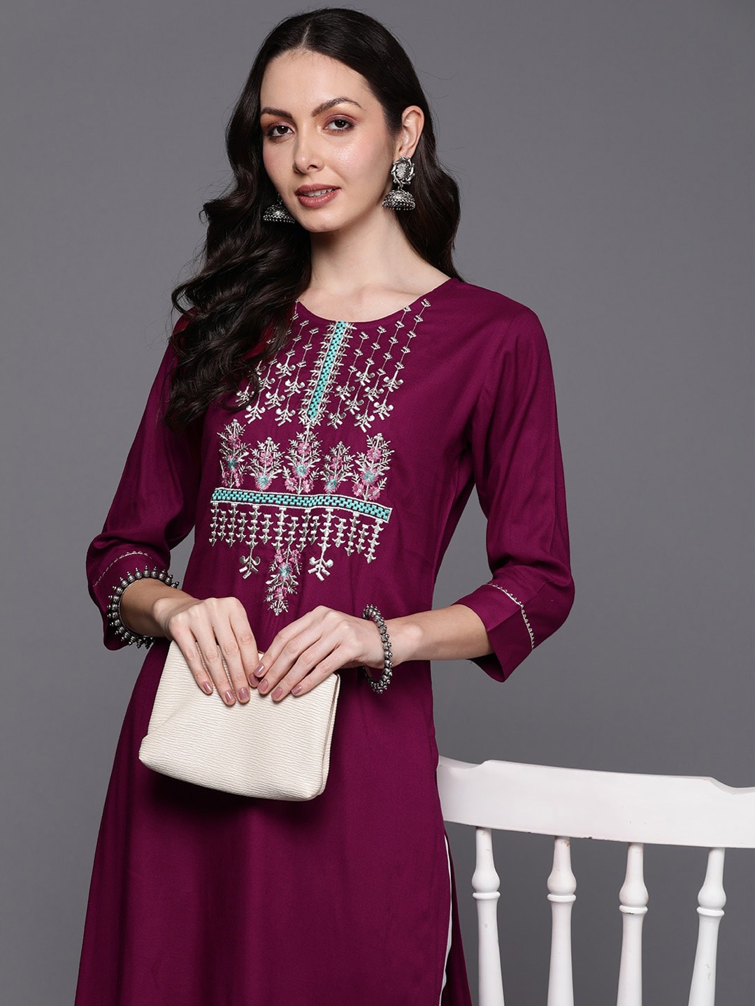 

Anouk Burgundy Embroidered Yoke Design Mirror Work Straight Kurta