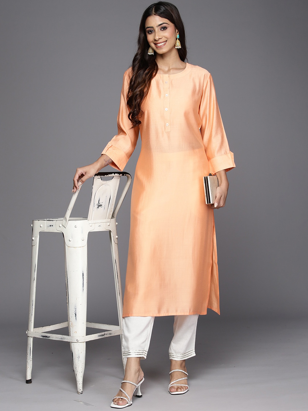 

Anouk Peach Coloured Roll-Up Sleeves Pure Liva Straight Kurta