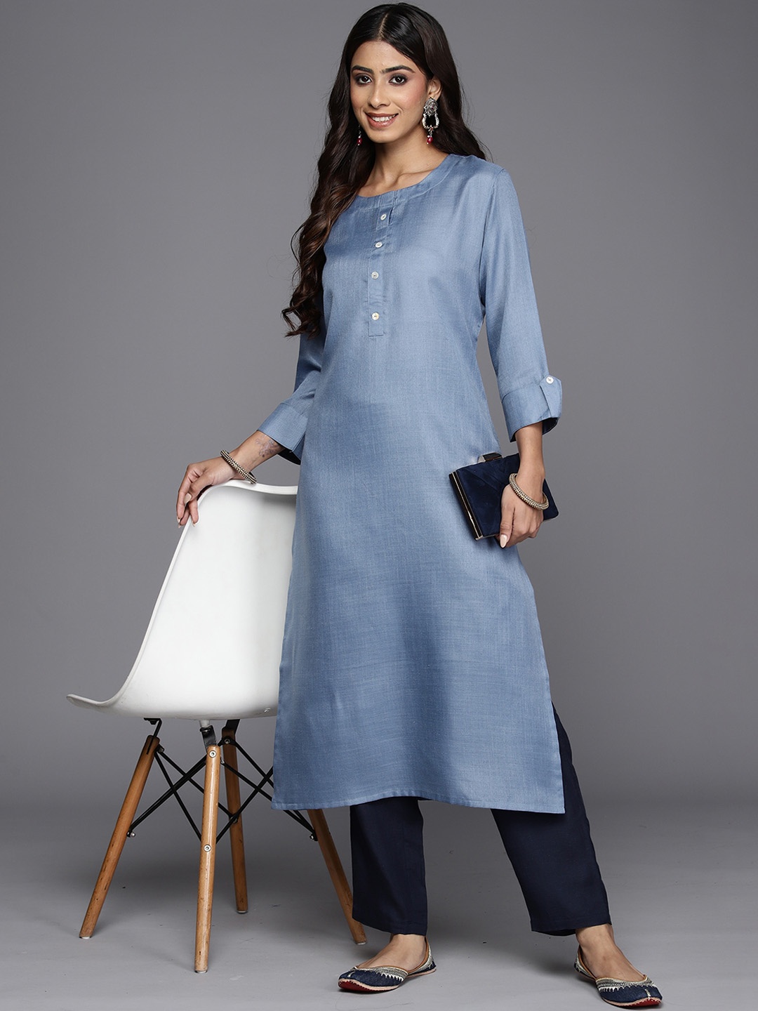 

Anouk Blue Roll-Up Sleeves Pure Cotton Straight Kurta