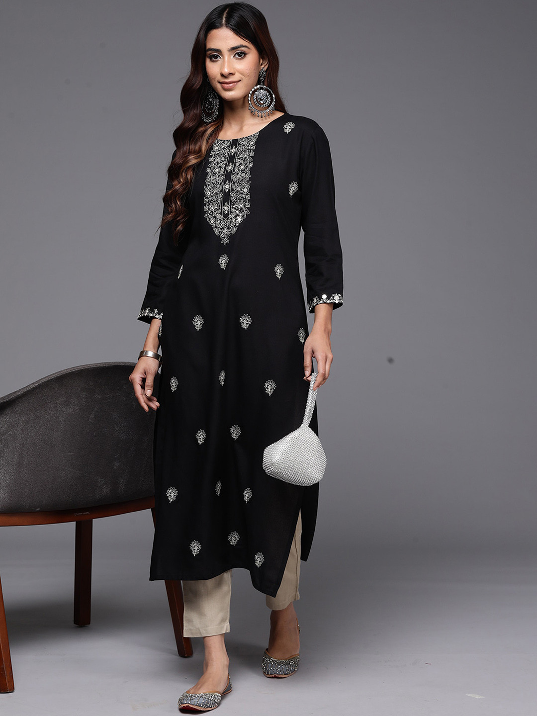 

Anouk Black Ethnic Motifs Embroidered Straight Kurta