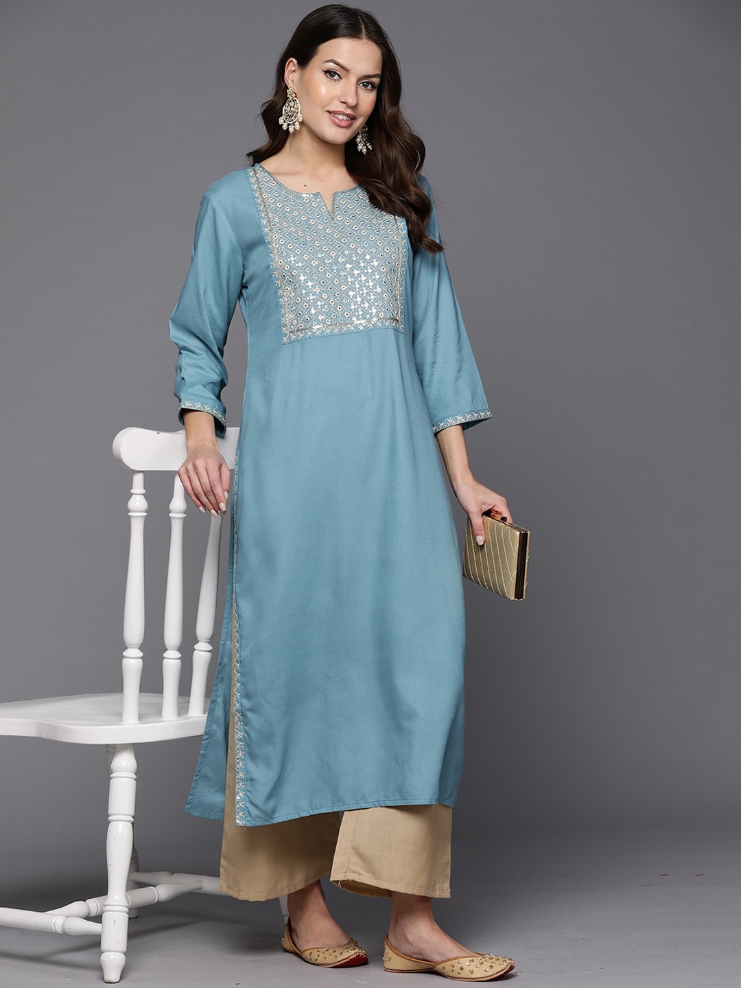

Anouk Blue Embellished Yoke Design Mirror Work Straight Kurta