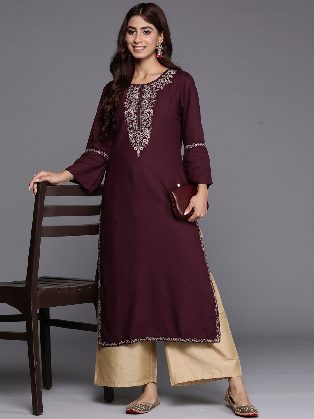 

Anouk Purple Floral Yoke Design Bell Sleeves Thread Work Straight Kurta