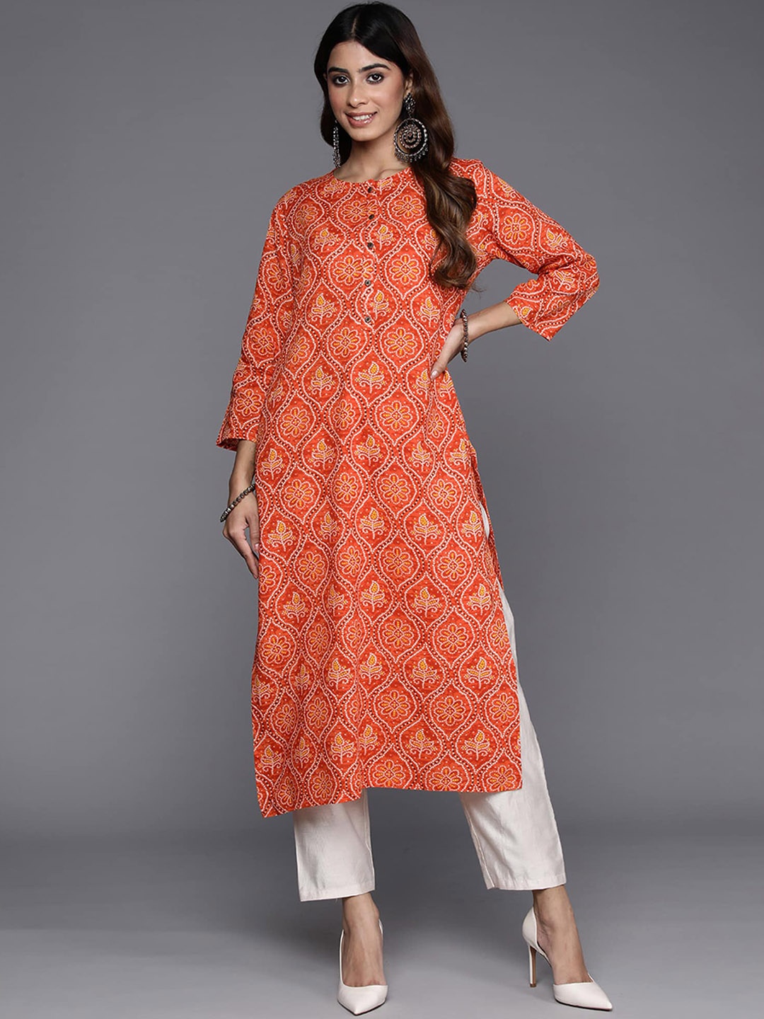 

Anouk Ethnic Motifs Printed Round Neck Straight Kurta, Orange