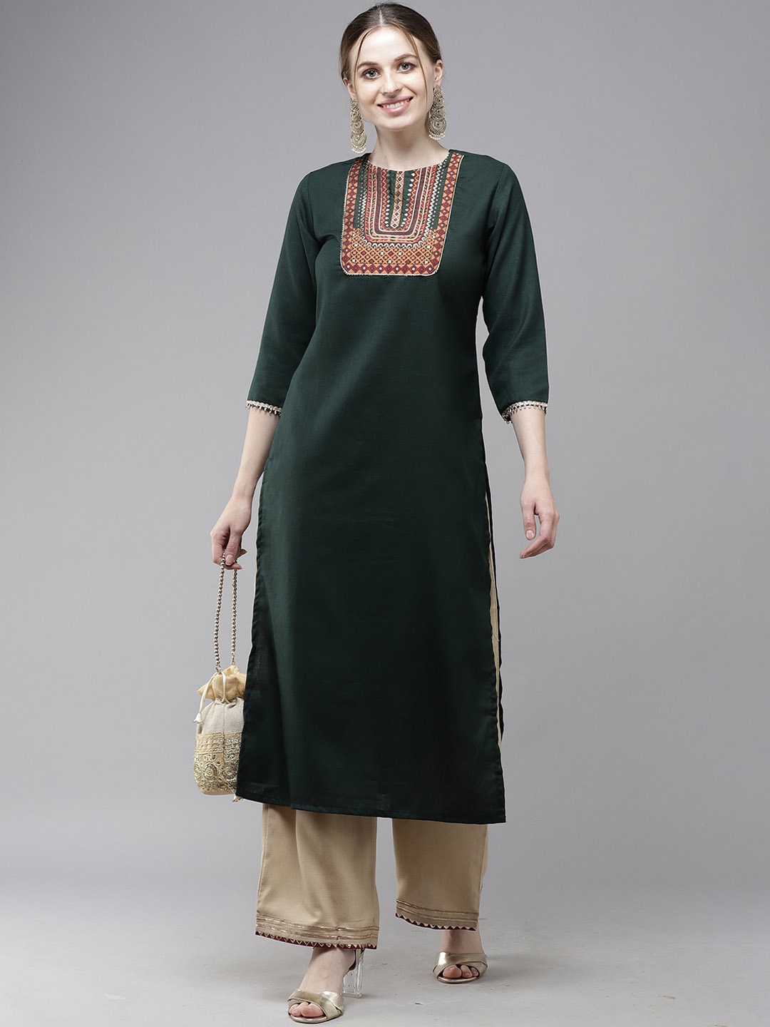 

Anouk Green Geometric Printed Sequined Straight Kurta