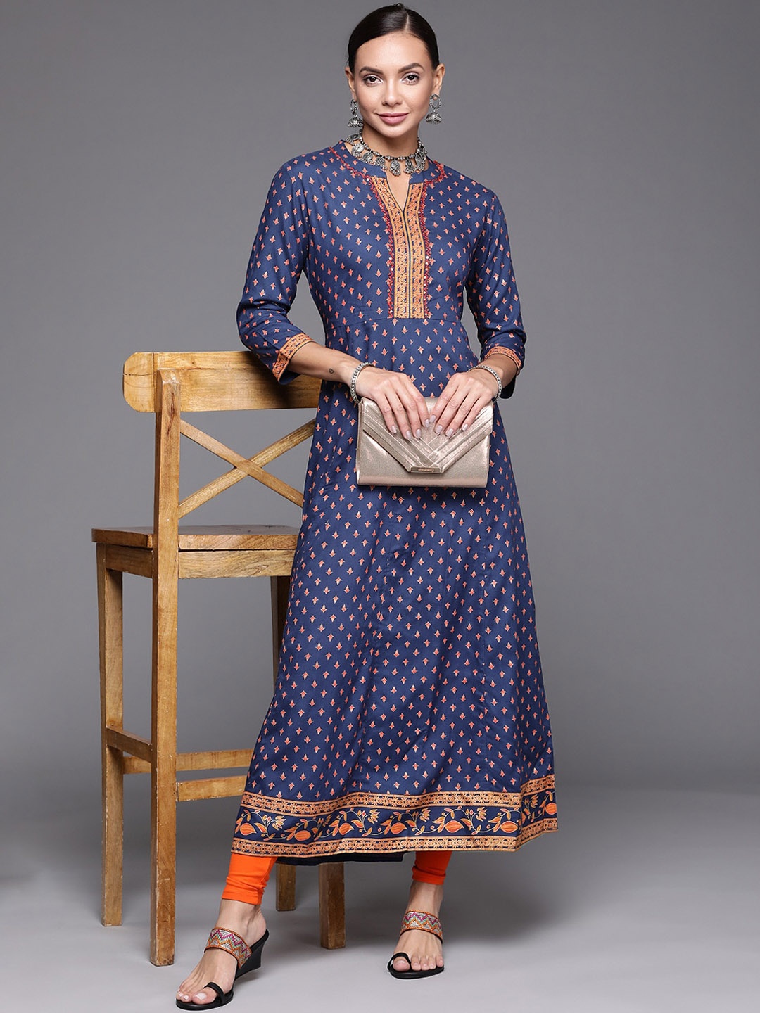 

Anouk Navy Blue Ethnic Motifs Foil Printed Thread Work Detailed A-Line Kurta