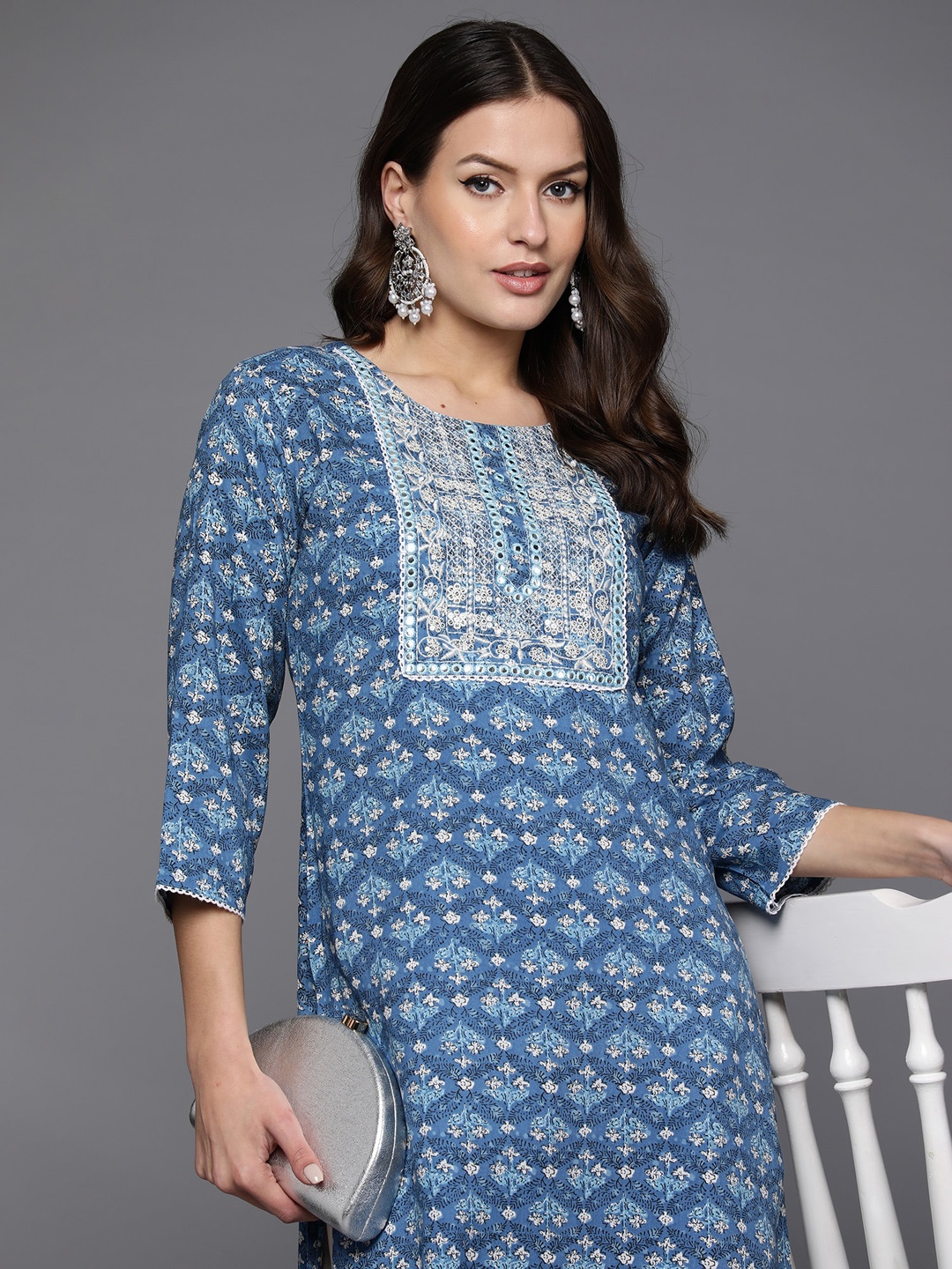 

Anouk Ethnic Motifs Yoke Design Mirror Work Floral Kurta, Blue