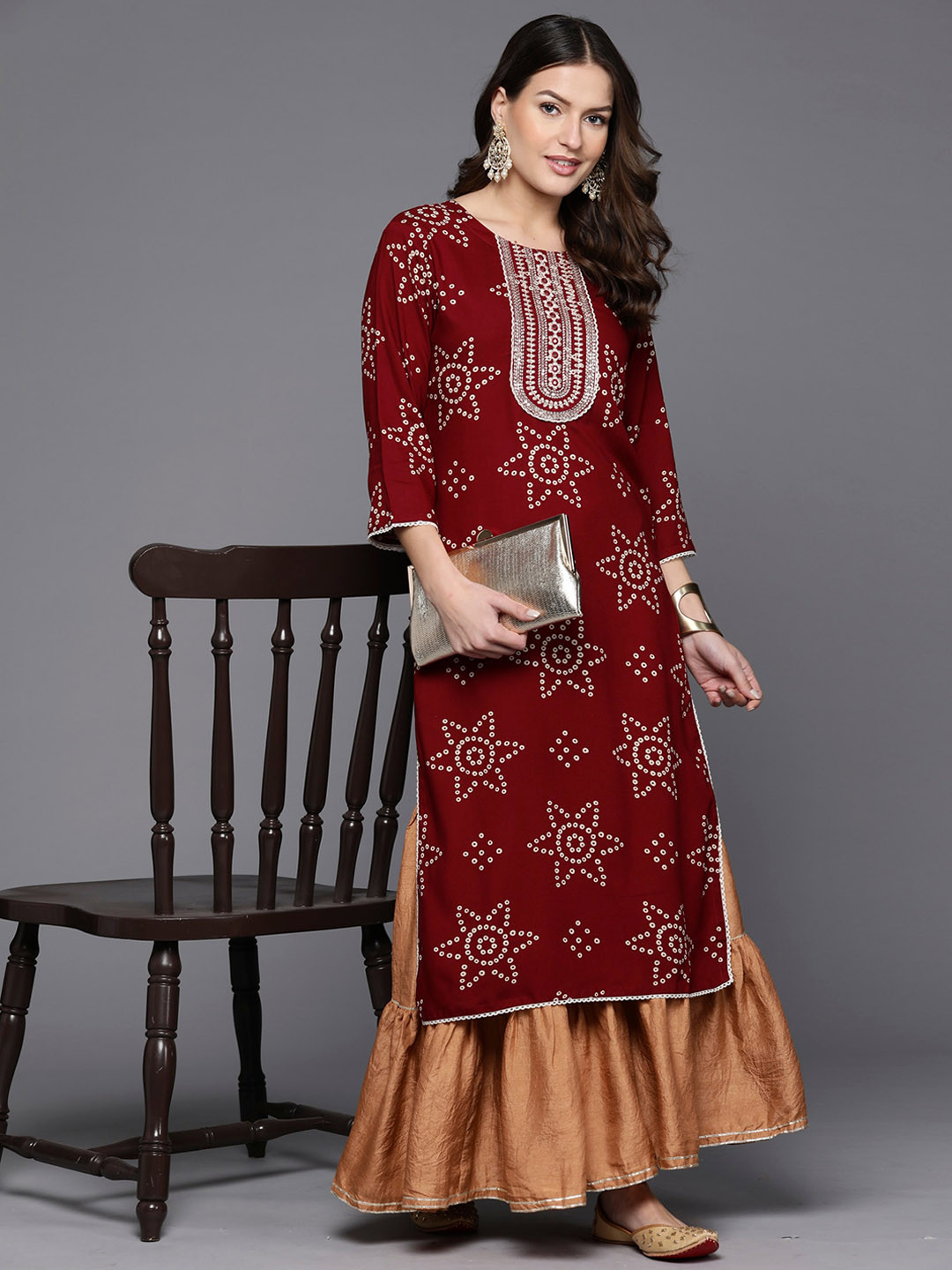 

Anouk Women Ethnic Motifs Printed Keyhole Neck Indie Prints Kurta, Maroon