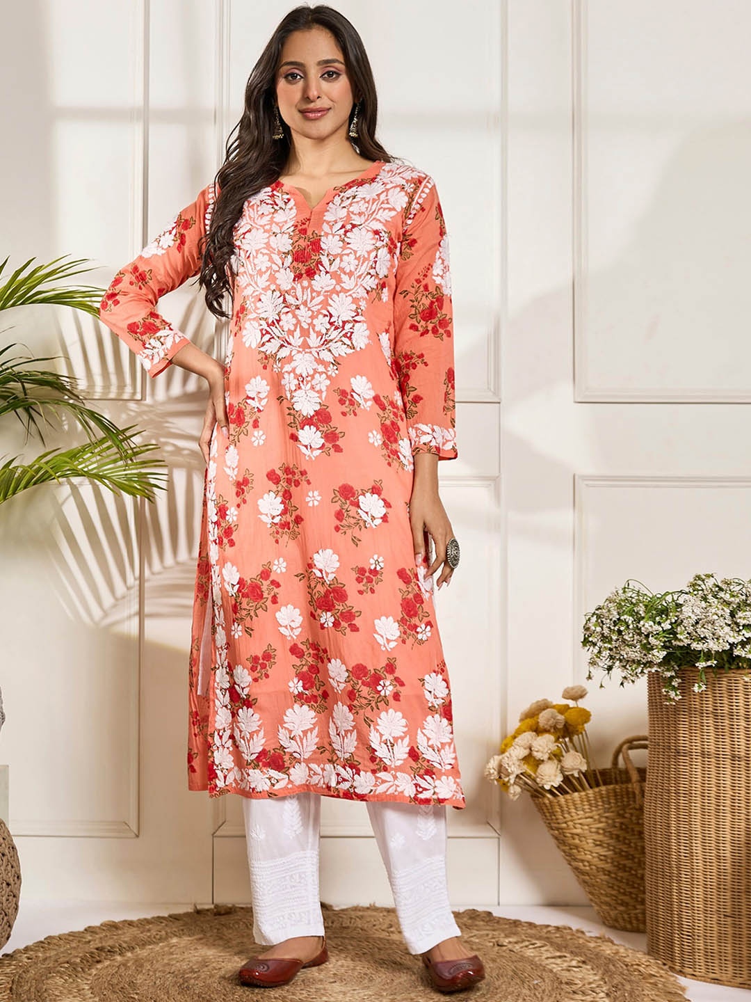 

HOUSE OF KARI Floral Embroidered Chikankari Pure Cotton Kurta, Orange