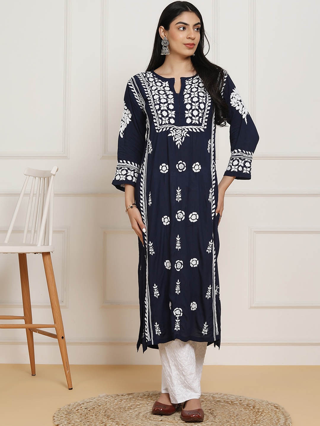 

HOUSE OF KARI Ethnic Motifs Woven Design Notched Neck Thread Work Cotton Straight Kurta, Navy blue