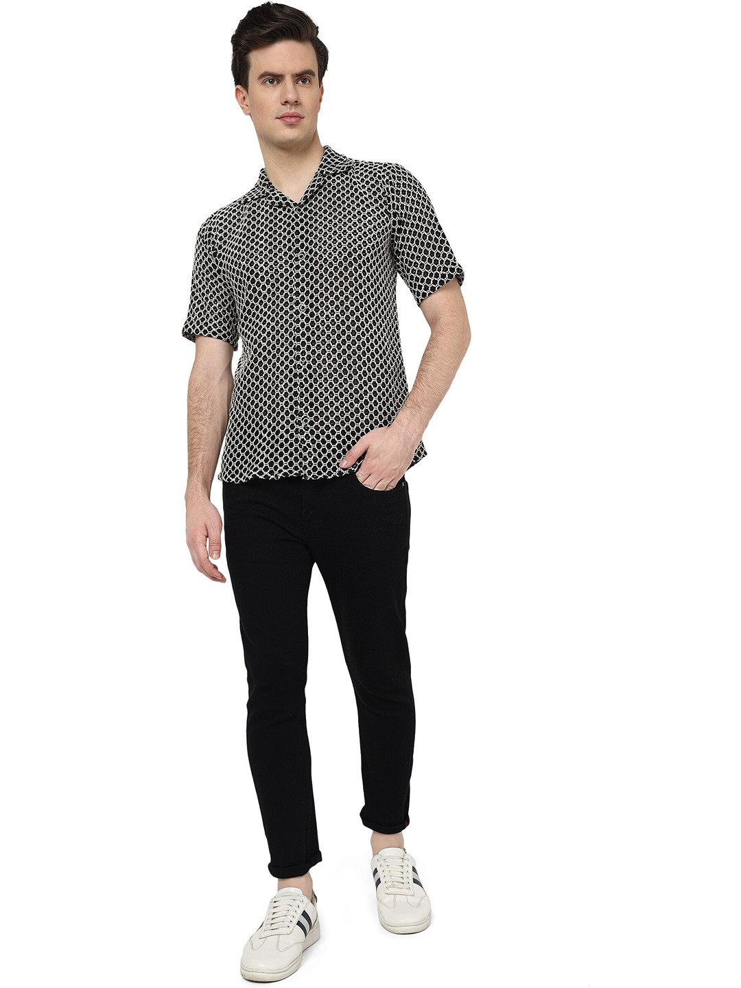 

ZARIMO Smart Geometric Self Design Semi Sheer Knitted Weave Cotton Casual Shirt, Black