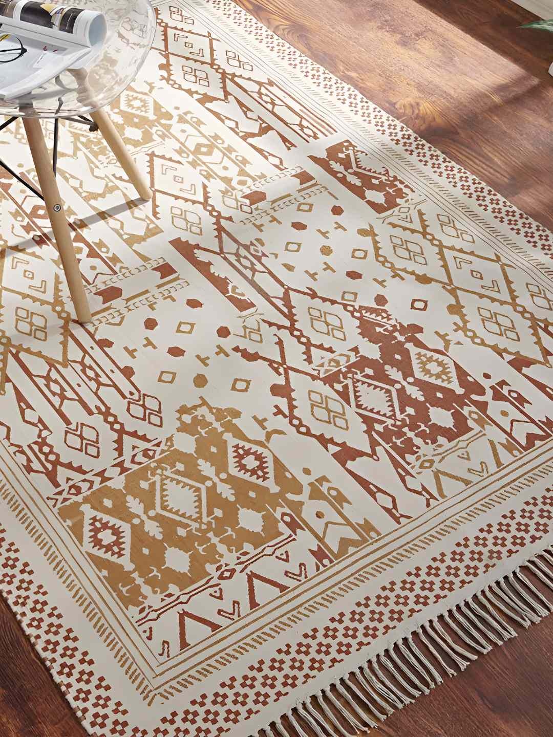 

Villedomo Rust-Brown & White Ethnic Motifs Printed Pure Cotton Anti-Skid Dhurrie