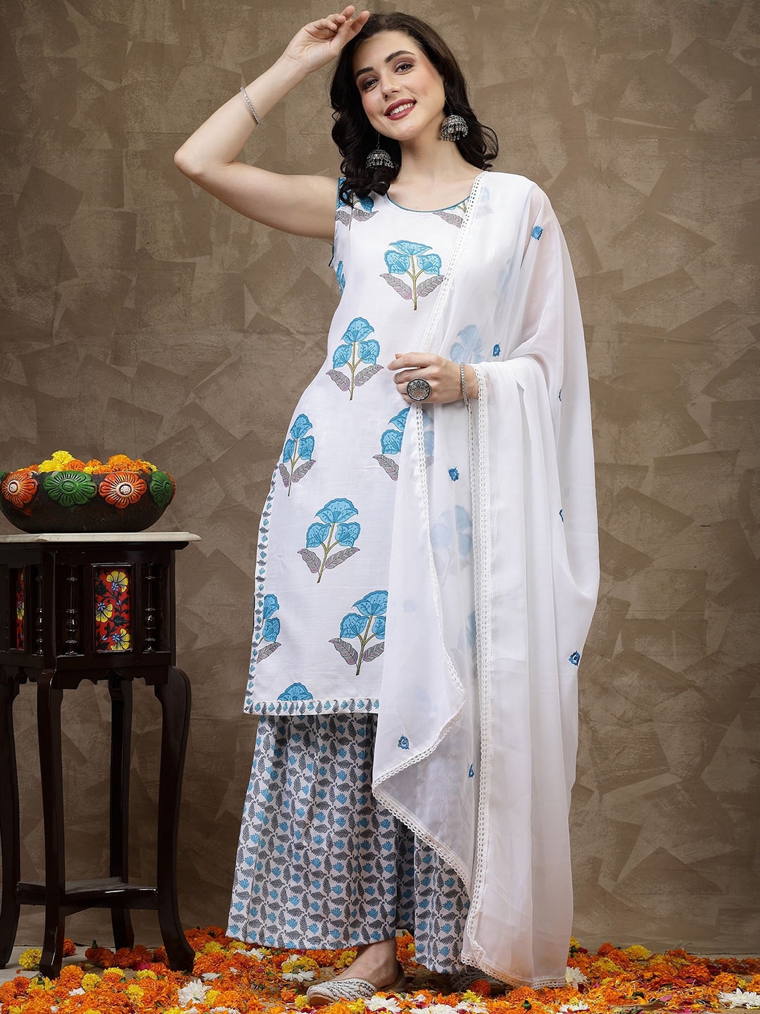 

KALINI Floral Printed Regular Kurta with Sharara & Dupatta, White