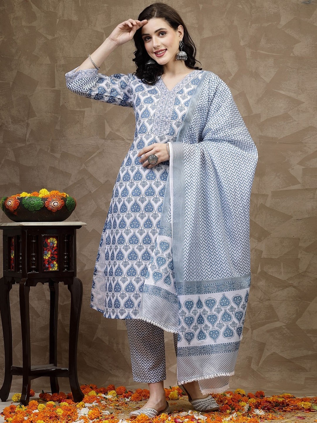 

KALINI Ethnic Motifs Printed Regular Kurta with Trousers & With Dupatta, Blue