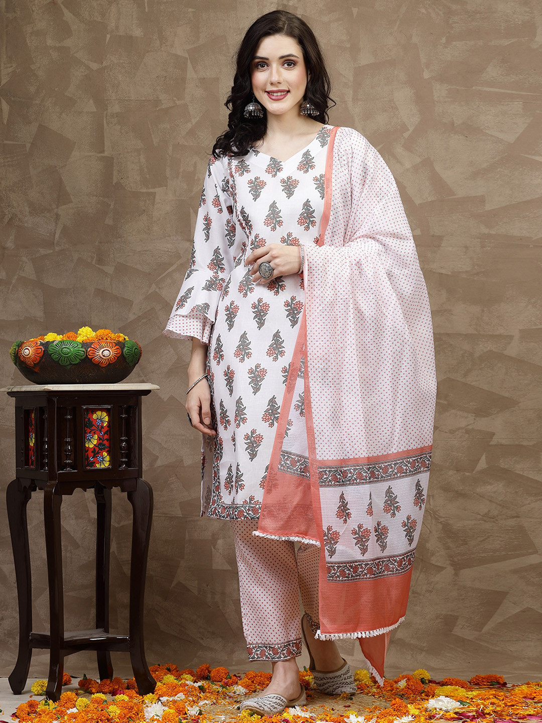 

KALINI Printed Regular Kurta with Trousers, White