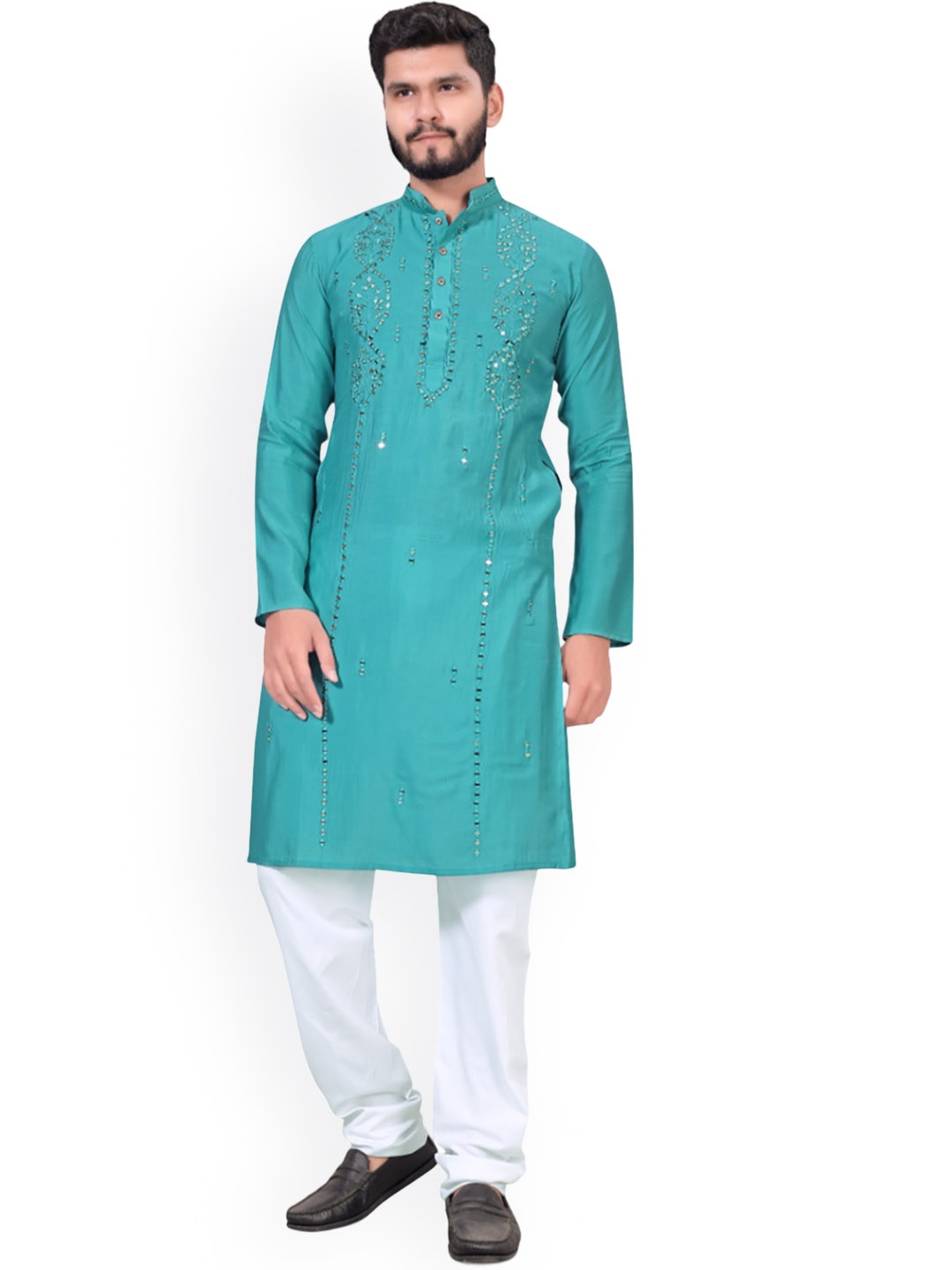 

BAESD Mandarin Collar Mirror Work Silk Straight Kurta, Teal