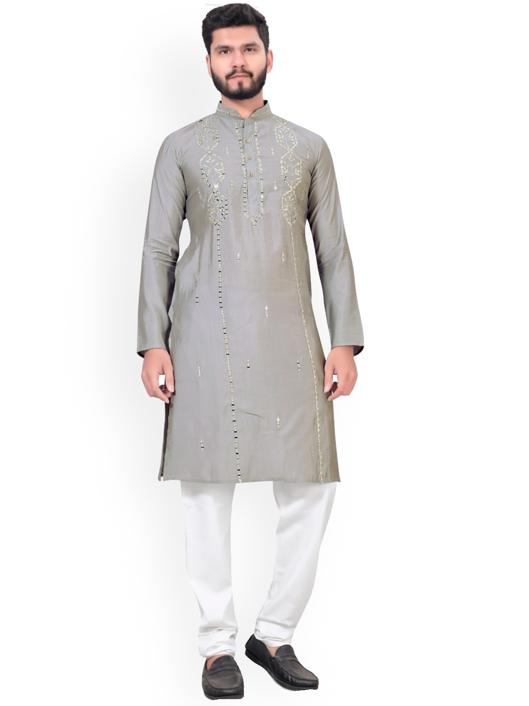 

BAESD Mandarin Collar Long Sleeves Mirror Work Silk Kurta, Grey