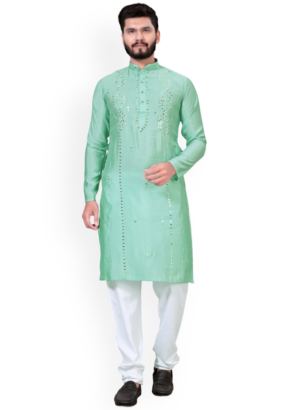 

BAESD Mandarin Collar Mirror Work Silk Straight Kurta, Green