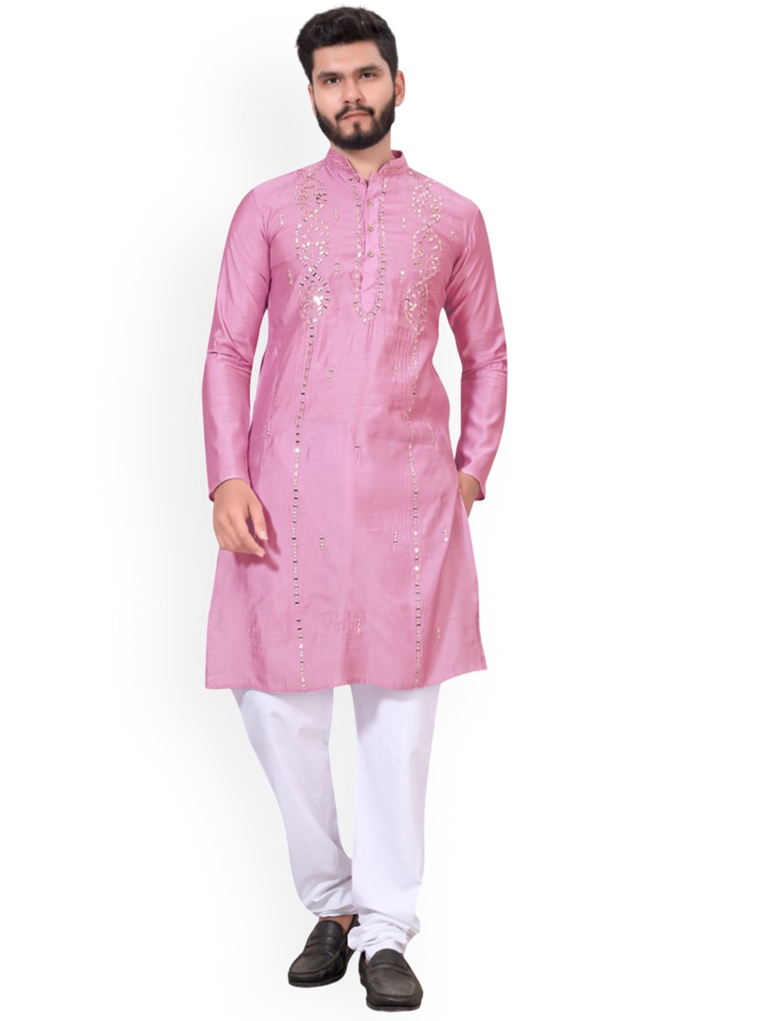 

BAESD Mirror Work Mandarin Collar Straight Silk Kurta, Pink