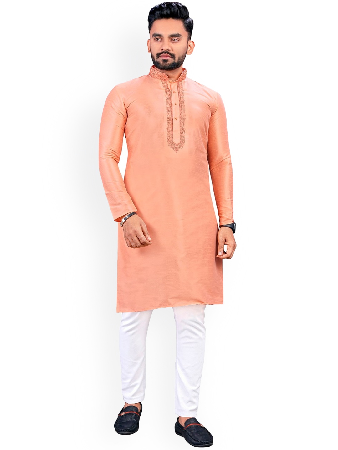 

BAESD Embroidered Mandarin Collar Ankle Length Thread Work Straight Kurta, Peach