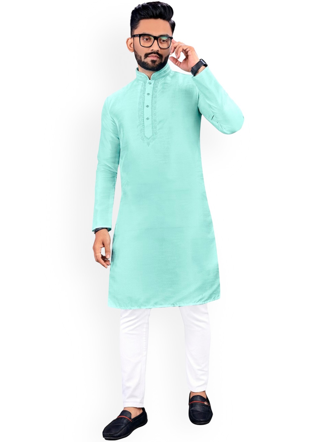 

BAESD Straight Mandarin Collar Thread Work Ankle Length Kurta, Sea green
