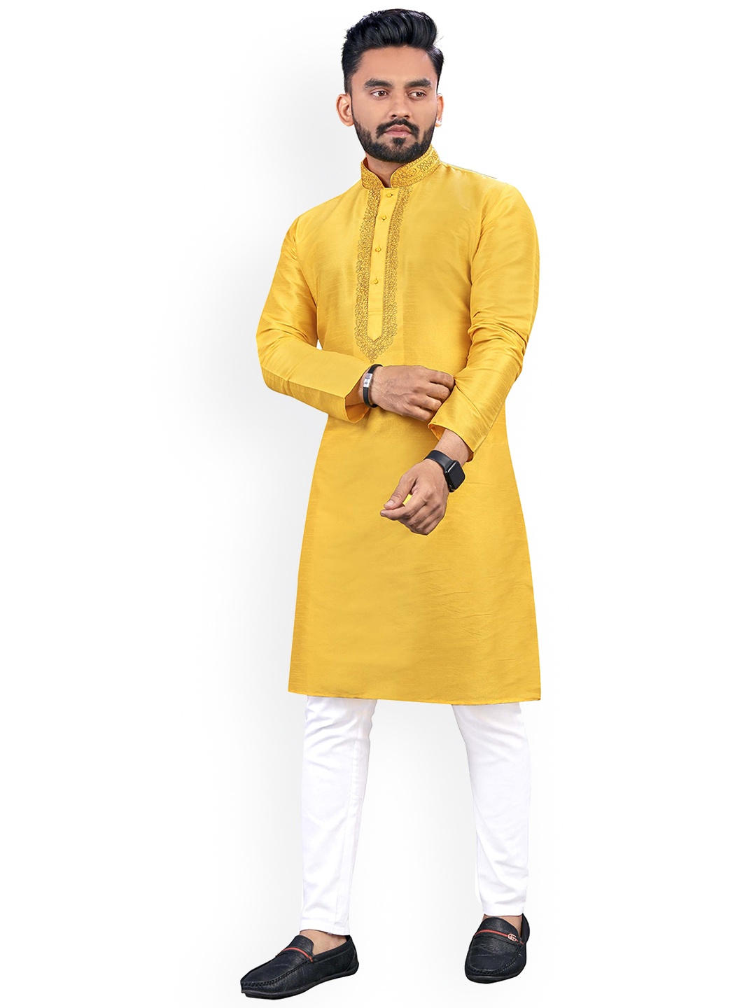 

BAESD Mandarin Collar Thread Work Silk Straight Kurta, Yellow