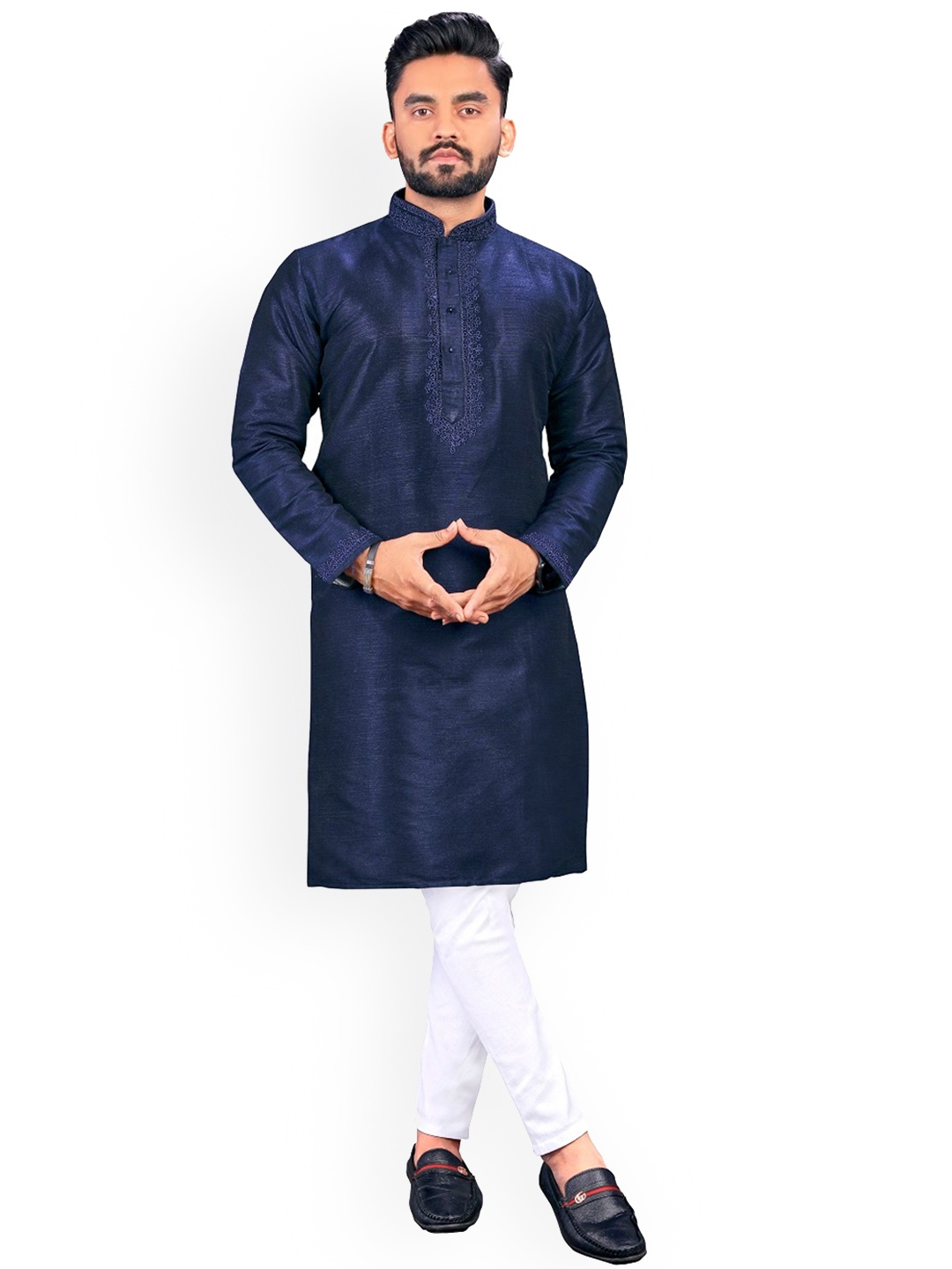 

BAESD Embroidered Thread Work Knee Length Mandarin Collar Straight Kurta, Navy blue