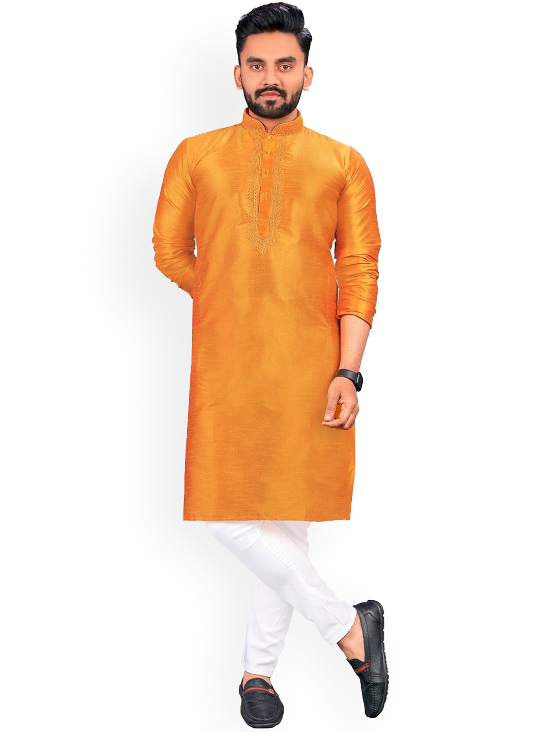 

BAESD Mandarin Collar Long Sleeves Thread Work Silk Kurta, Orange