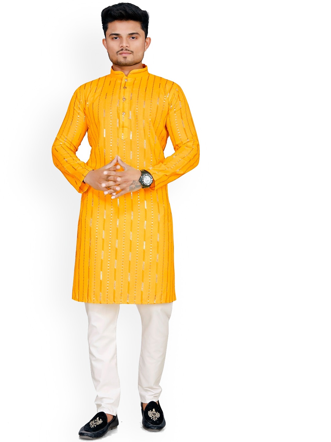 

BAESD Striped Sequinned Pure Cotton Straight Kurta, Yellow