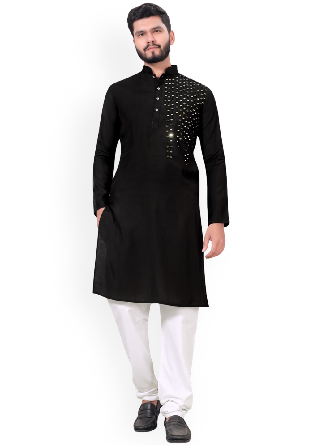 

BAESD Mandarin Collar Long Sleeves Sequinned Cotton Kurta, Black
