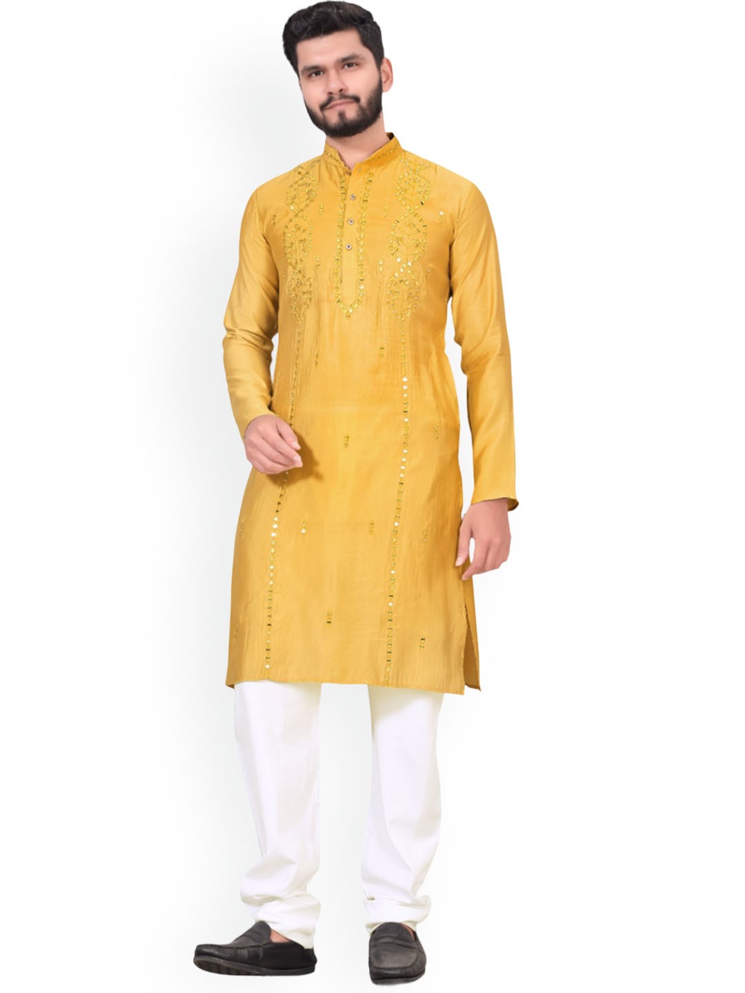 

BAESD Ethnic Motifs Embroidered Mandarin Collar Mirror Work Silk Straight Kurta, Yellow
