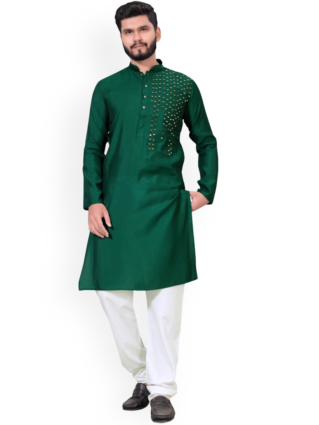 

BAESD Mirror Work Mandarin Collar Straight Kurta, Green