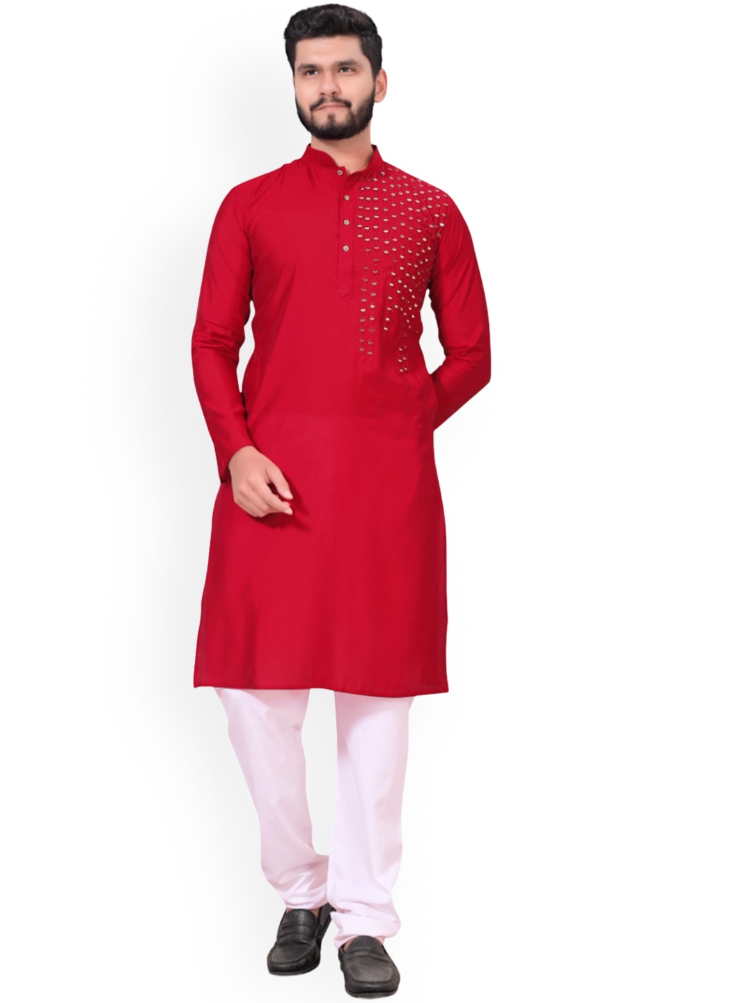 

BAESD Mirror Work Mandarin Collar Straight Kurta, Red