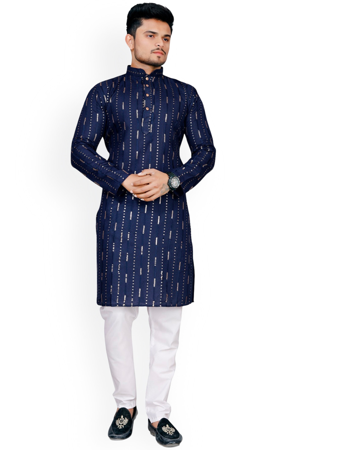 

BAESD Striped Woven Design Cotton Thread Work Mandarin Collar Curved Straight Kurta, Navy blue