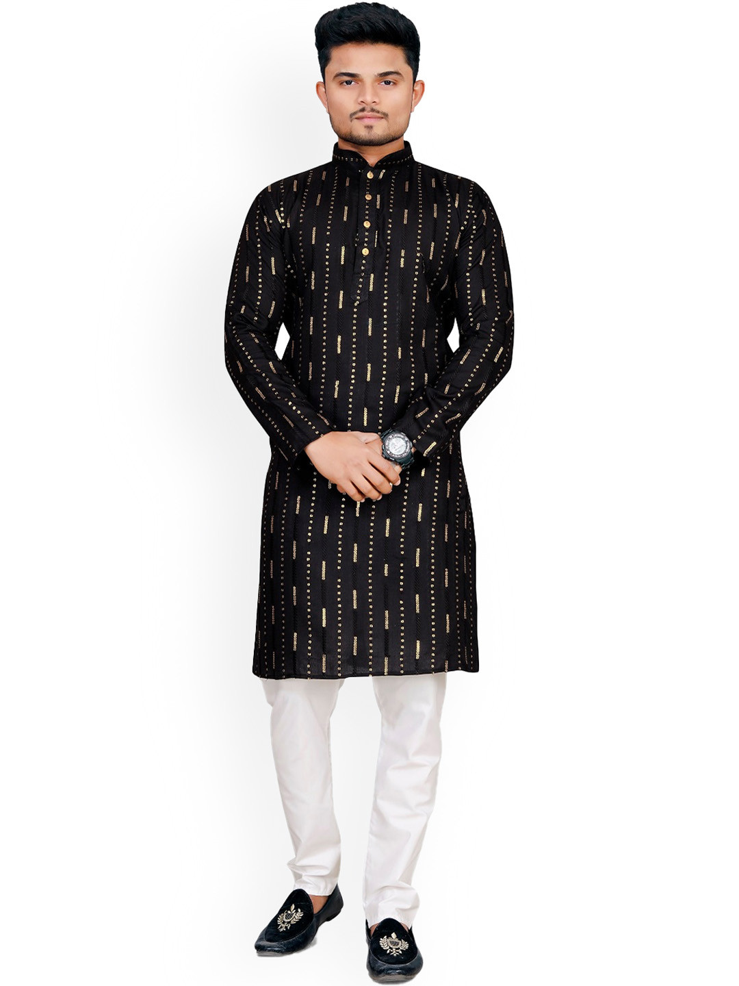 

BAESD Striped Woven Design Cotton Mandarin Collar Thread Work Curved Straight Kurta, Black