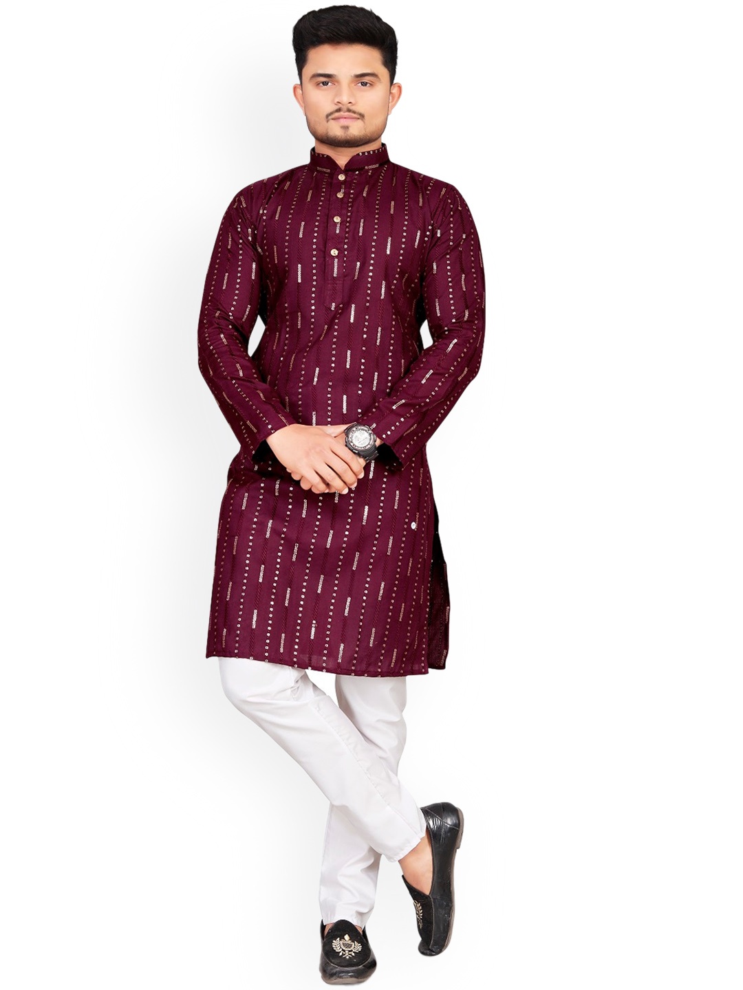 

BAESD Striped Woven Design Cotton Mandarin Collar Thread Work Curved Straight Kurta, Mauve