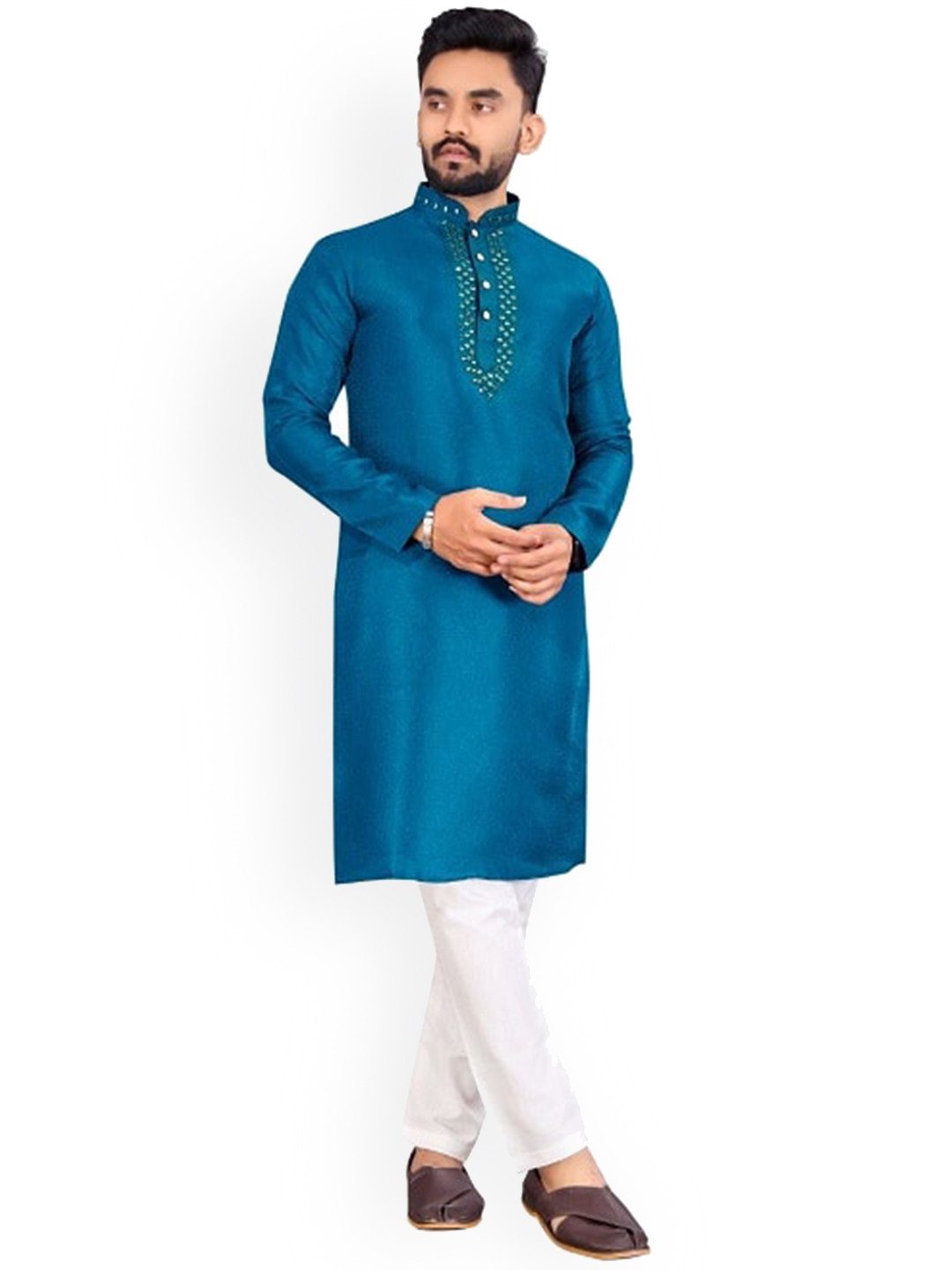 

BAESD Mandarin Collar Thread Work Silk Straight Kurta, Blue
