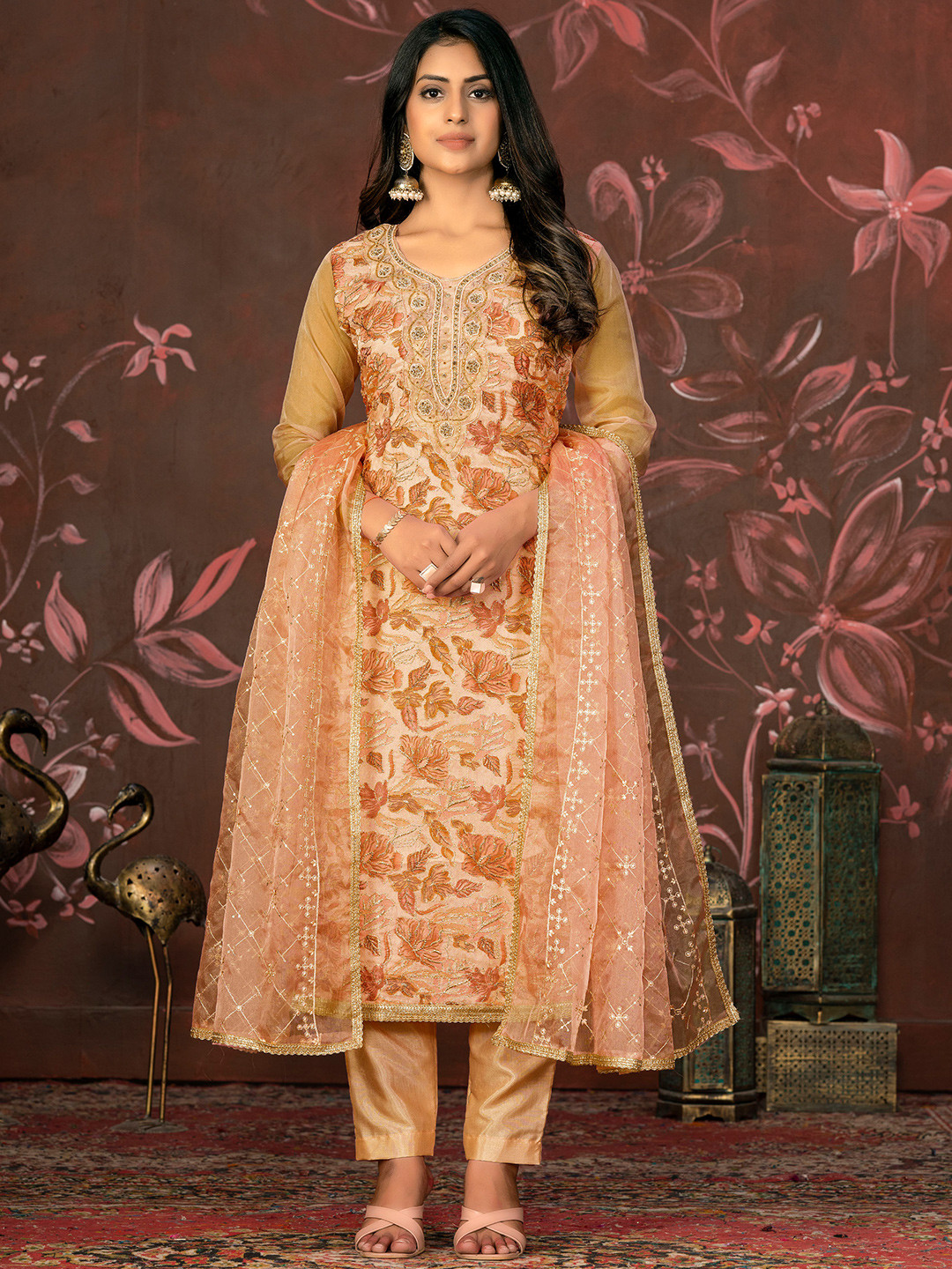

MANVAA Floral Embroidered Beads & Stones Unstitched Dress Material, Mustard