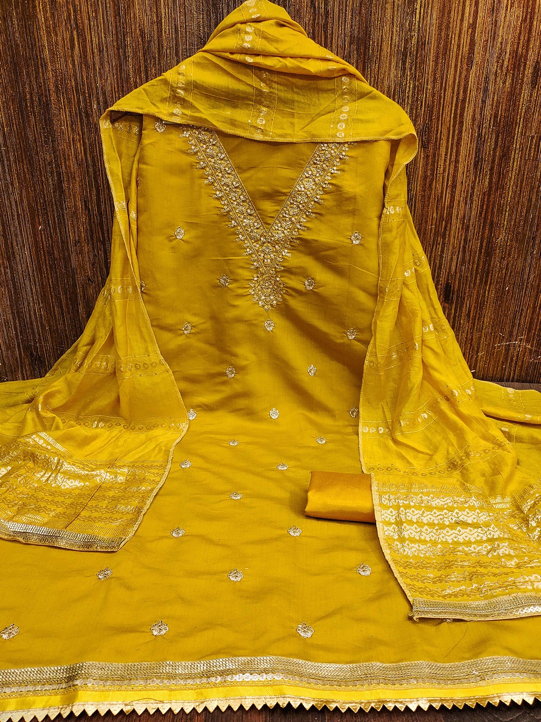 

MANVAA Ethnic Motifs Embroidered Unstitched Dress Material, Yellow