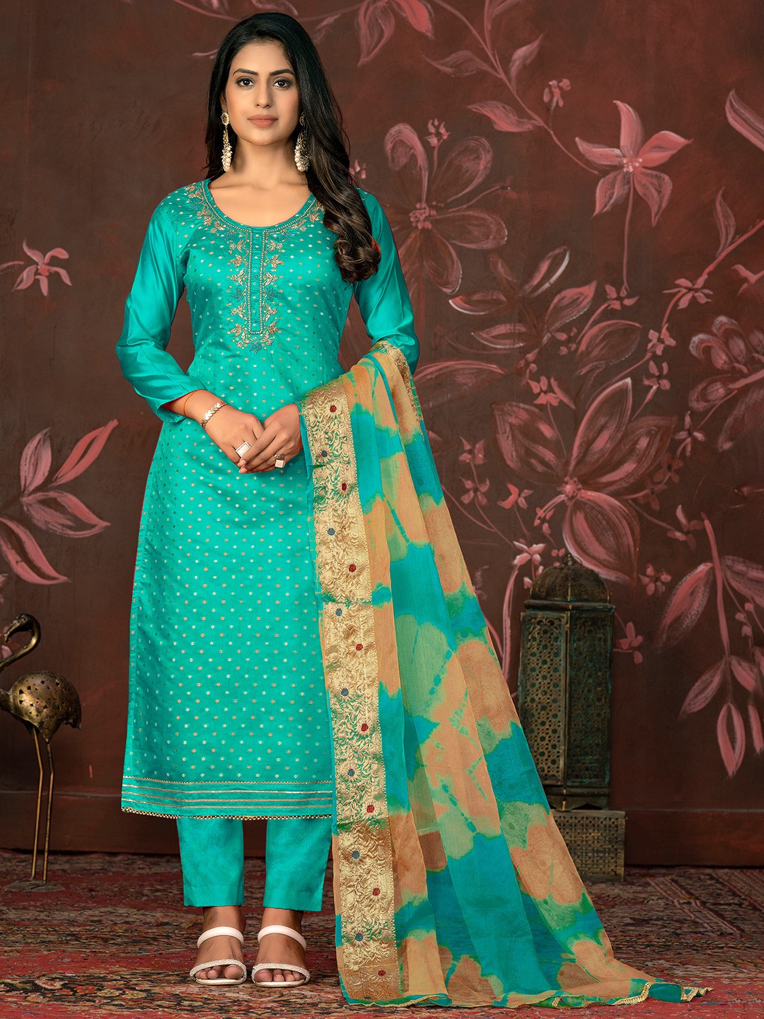 

MANVAA Embellished Unstitched Dress Material, Sea green