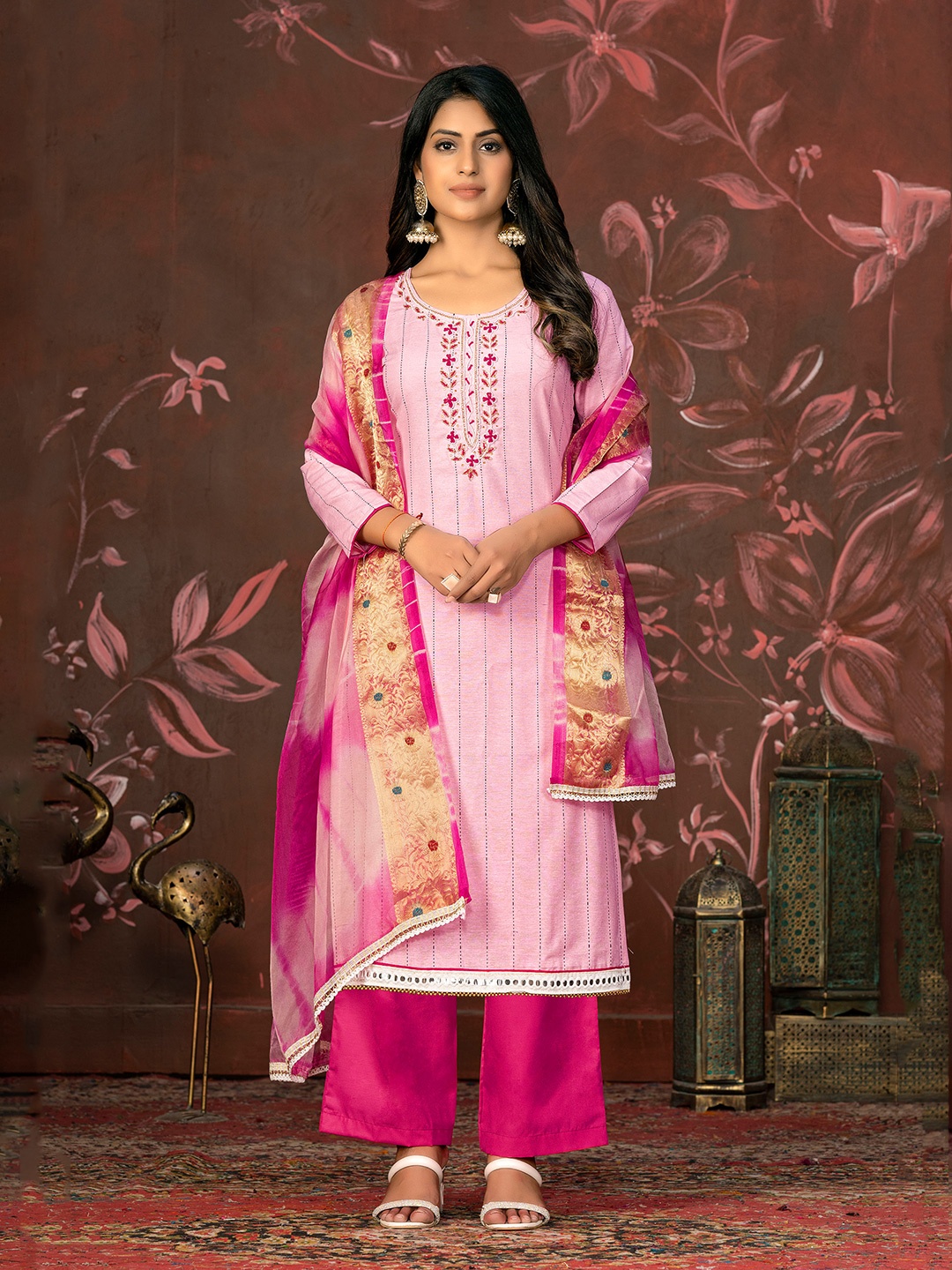 

MANVAA Striped Embellished Beads and Stones Unstitched Dress Material, Pink