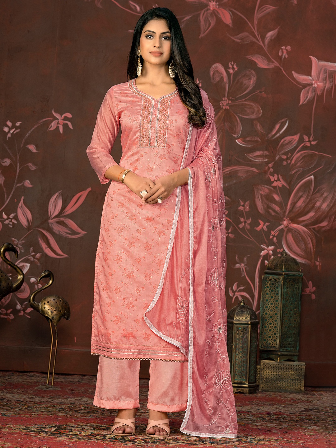 

MANVAA Floral Printed Beads and Stones Unstitched Dress Material, Peach