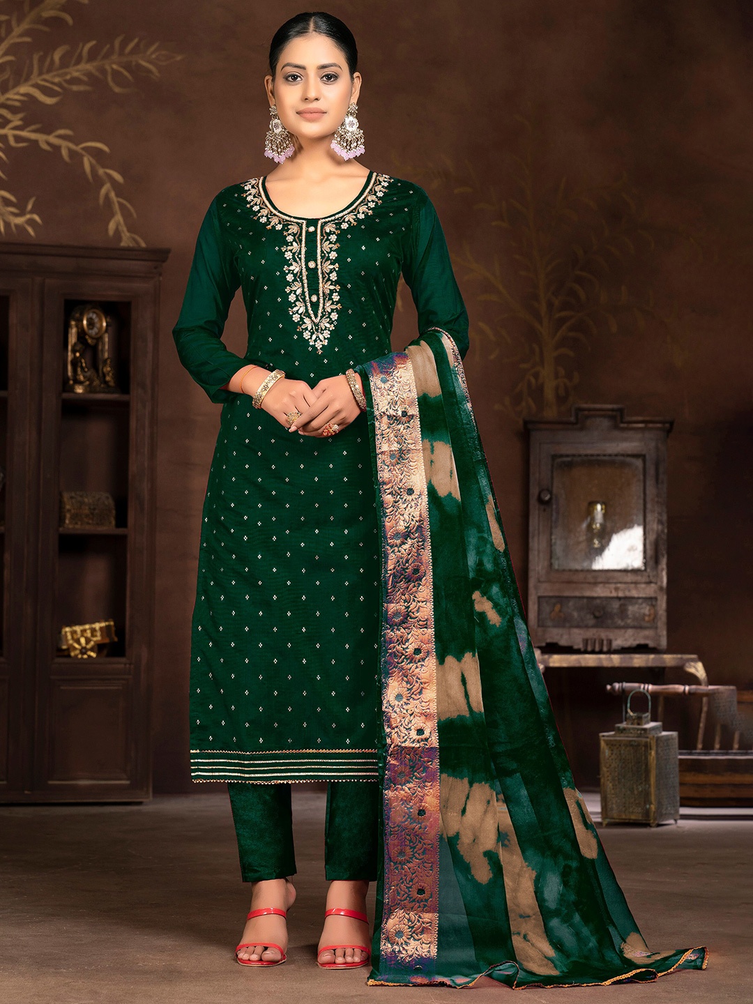 

MANVAA Floral Embroidered Unstitched Dress Material, Green