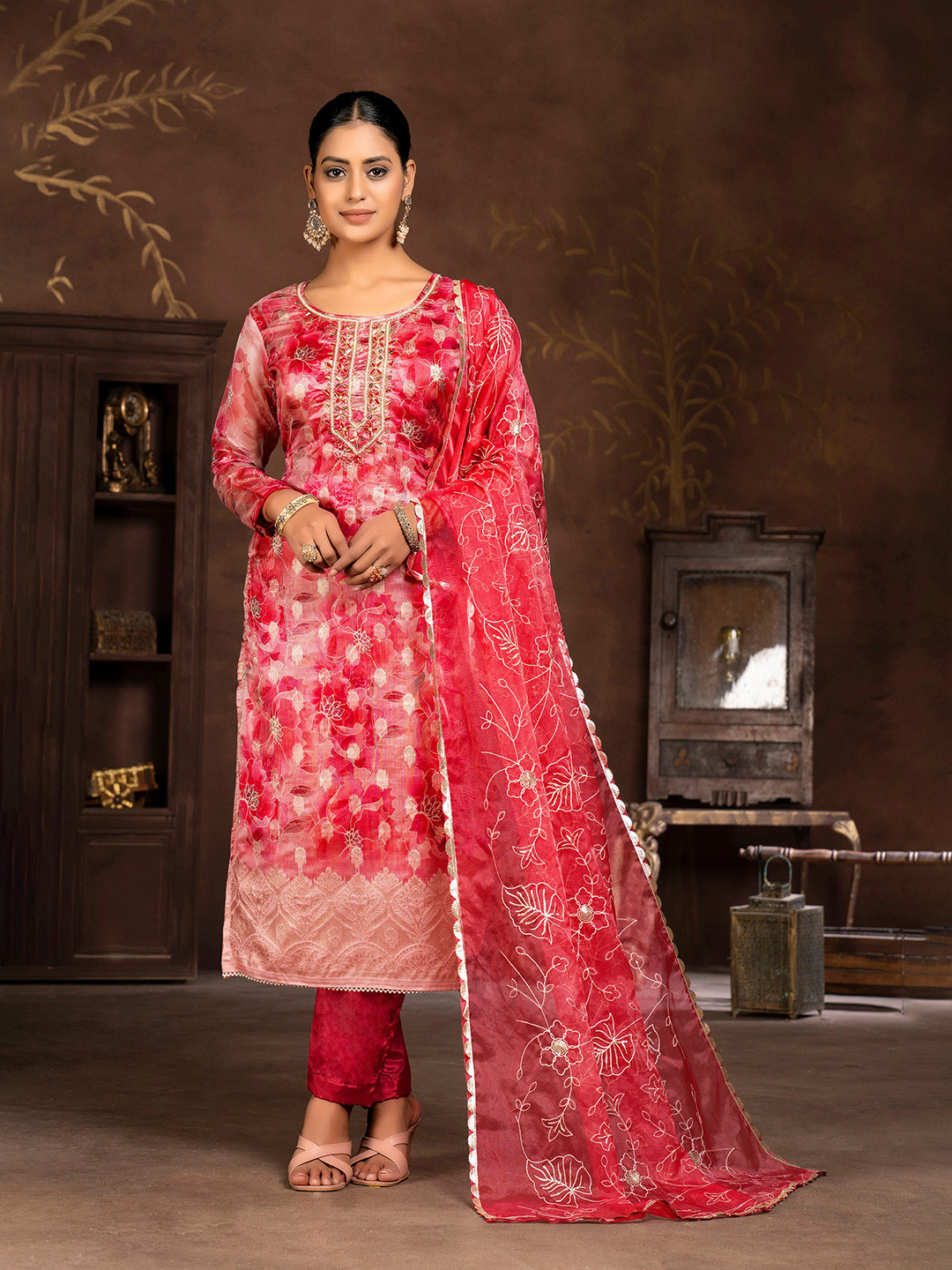 

MANVAA Floral Printed Beads and Stones Organza Unstitched Dress Material, Pink