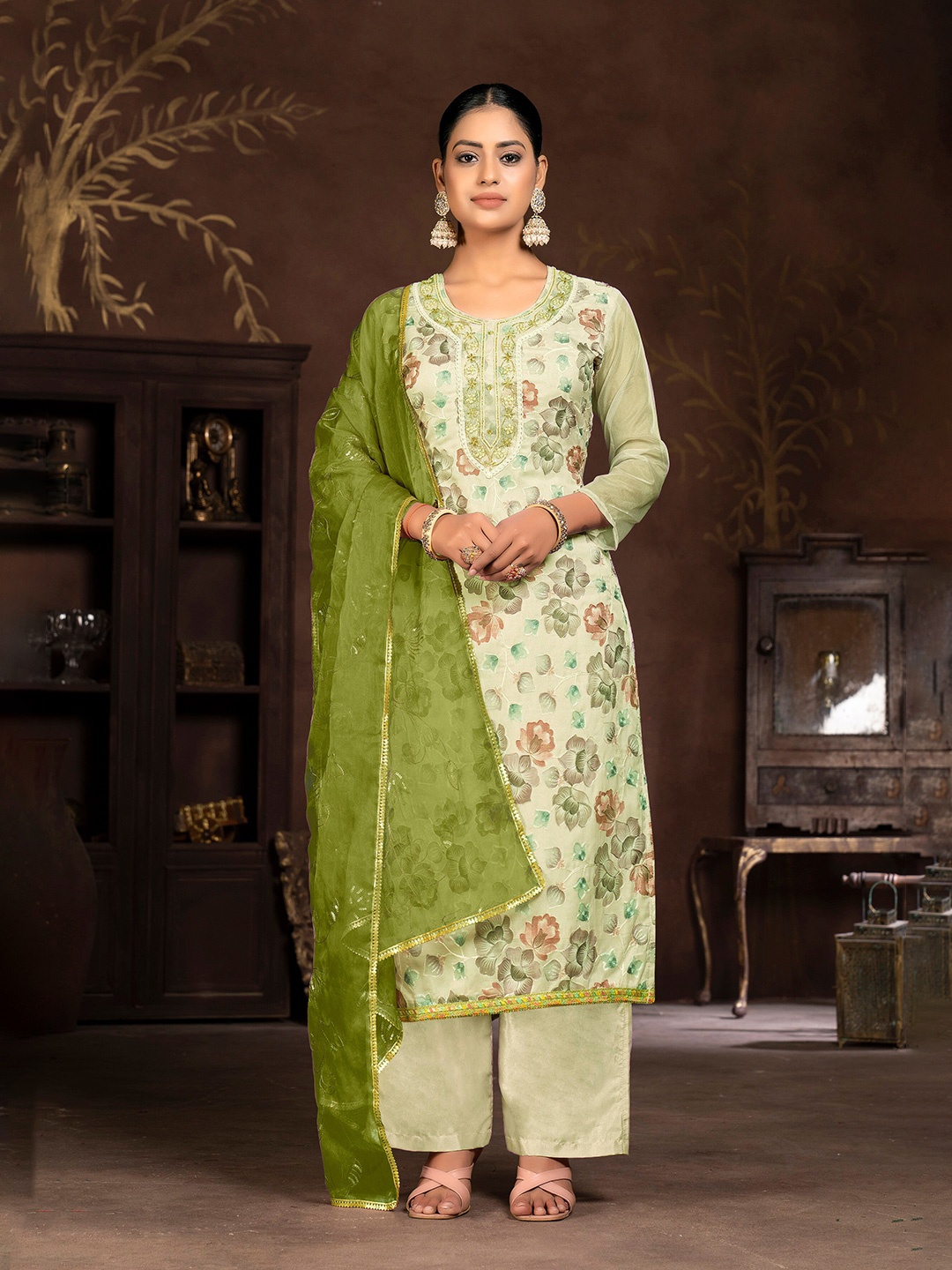 

MANVAA Floral Printed Beads & Stones Unstitched Dress Material, Lime green