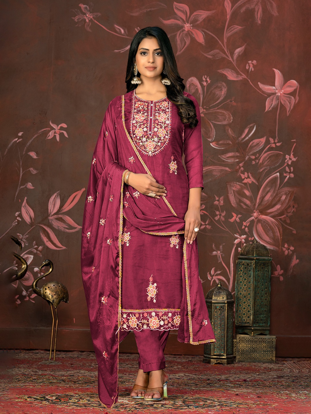 

MANVAA Floral Embroidered Beads and Stones Unstitched Dress Material, Maroon